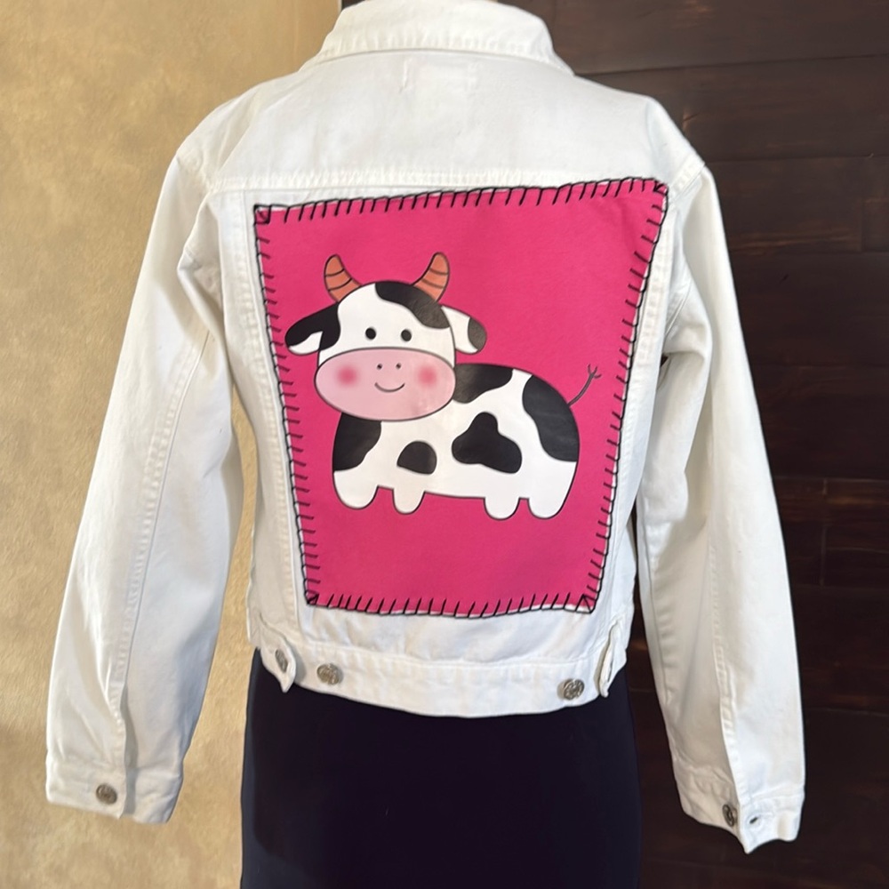 Upcycled American Girl (Cow) White Denim Jacket Size Medium